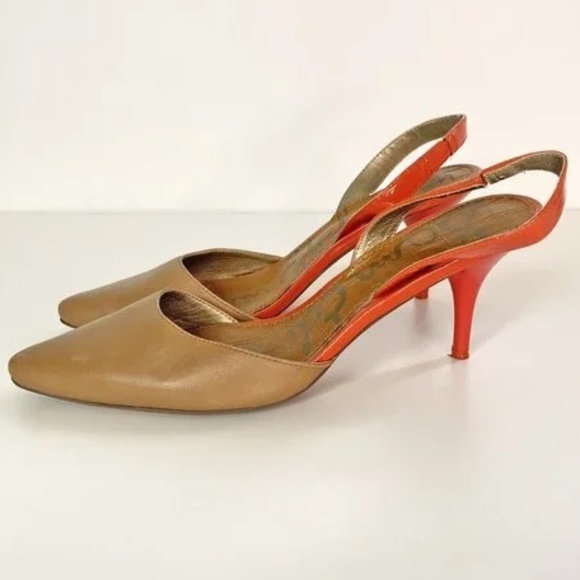 Sam Edelman Orly Beige and Orange Leather Pointed Toe Slingback Heels - Picture 3 of 5